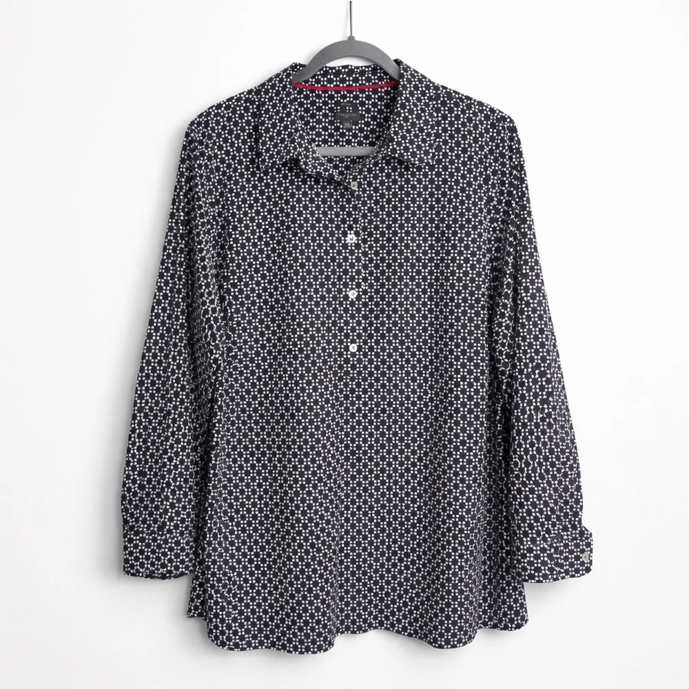 Talbots Plus Non-Iron Popover Blouse Black White Print Size 22W - Picture 1 of 6